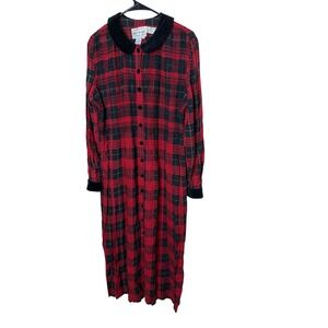 Vintage Karin Stevens Red Black Plaid Maxi Dress Velvet Collar Button Front 14